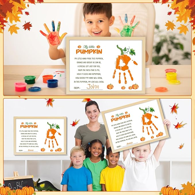 Thanksgiving My Little Pumpkin Poem Handprint Art Craft DIY Kit Thanksgiving DIY Gifts Fall Autumn Pumpkin Handprint Art Keepsake with Wood Frame for Mom Dad Friend Holiday Activities 12x16 Inch