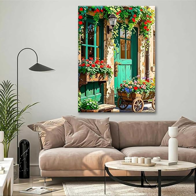 Paint by Numbers Kit for Adults Framed, European Cottage Door with Blooming Roses, DIY Oil Painting, Pre-Printed Canvas Wall Art Home Decor Gift, 16x20inch Framed, 24 Colors