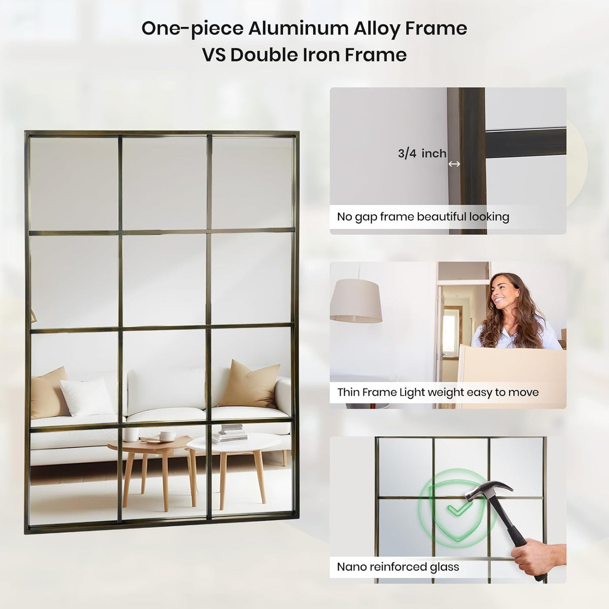 Windowpane Wall Mirror 24"x36" Bronze Wall Mounted Art Pane Mirror Farmhouse Decorative Mirror Leaning Hanging Wall Mirror for Bedroom Living Room Entrance Hallway Wall Decor