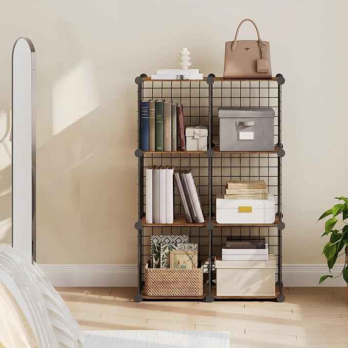 HOOBRO Wire Cube Storage Organizer, 6-Cube Shelves, Modular Shelves with Metal Grid, DIY Closet Cabinet for Living Room, Bedroom, Rustic Brown and Black BF06CW01