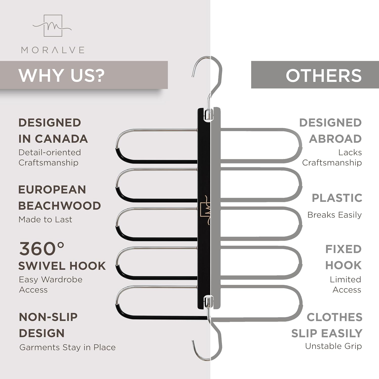 MORALVE Pants Hangers Space Saving - 2 Pack European Beechwood Scarf and Jean Hangers - Closet Organizer and Space Saver Pant Rack, Leggings Hanger, and Scarf Holder with 360° Swivel Hook - NestledHome
