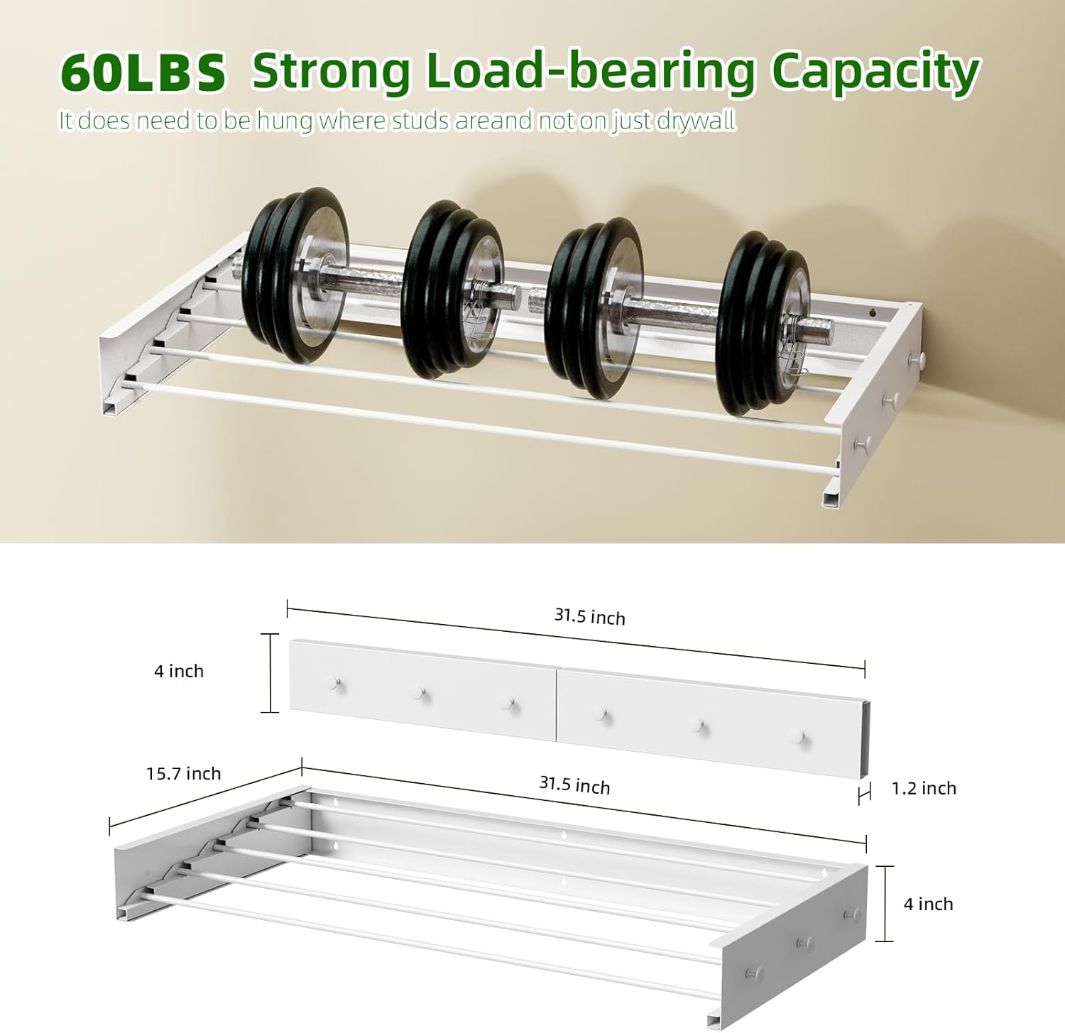 Wall Mounted Drying Rack for Laundry 31.5'', Folding Drying Rack Clothing Wall Mount with 5 Rods and 6 Hooks, Space Saving for Indoor Outdoor Bathroom Balcony (White, 31.5'') - NestledHome