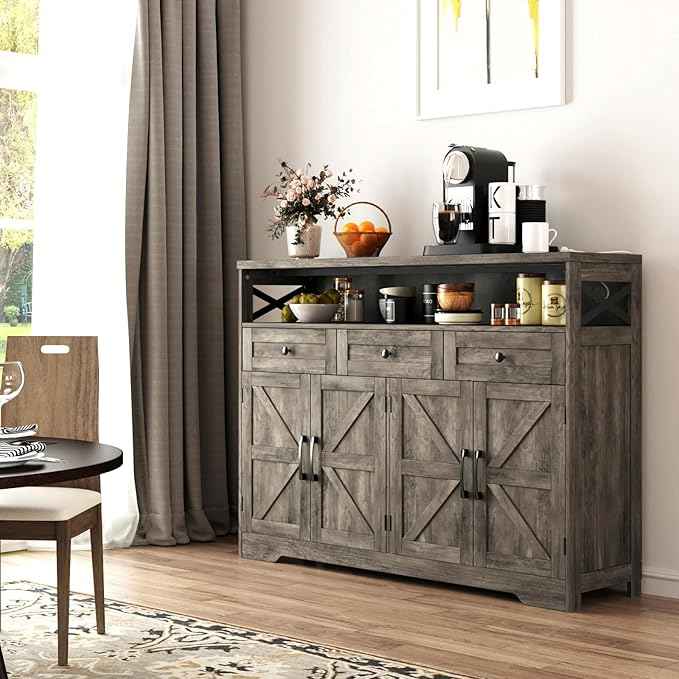 Farmhouse Buffet Cabinet with Drawers, Sideboard with Storage, Kitchen Pantry Cabinet Hutch, Wood Coffee Bar Station for Kitchen, Livingroom, 52" L Rustic Grey
