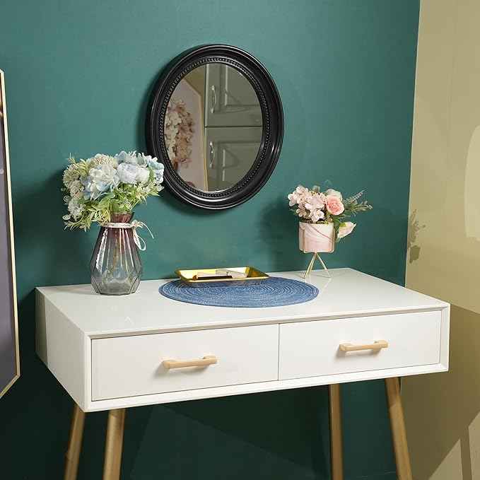 Funerom Oval Bathroom Mirror Bedroom Mirror wall Mirror (Black, 15.2" L x 13.2" W)