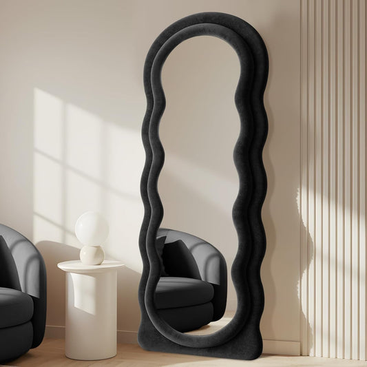 Full Length Mirror 63"x24" Arched Wavy Full Body Wall Mounted Floor Mirror with Stand Black Flannel Frame Leaning Hanging Wall Mirror for Bedroom Entrance