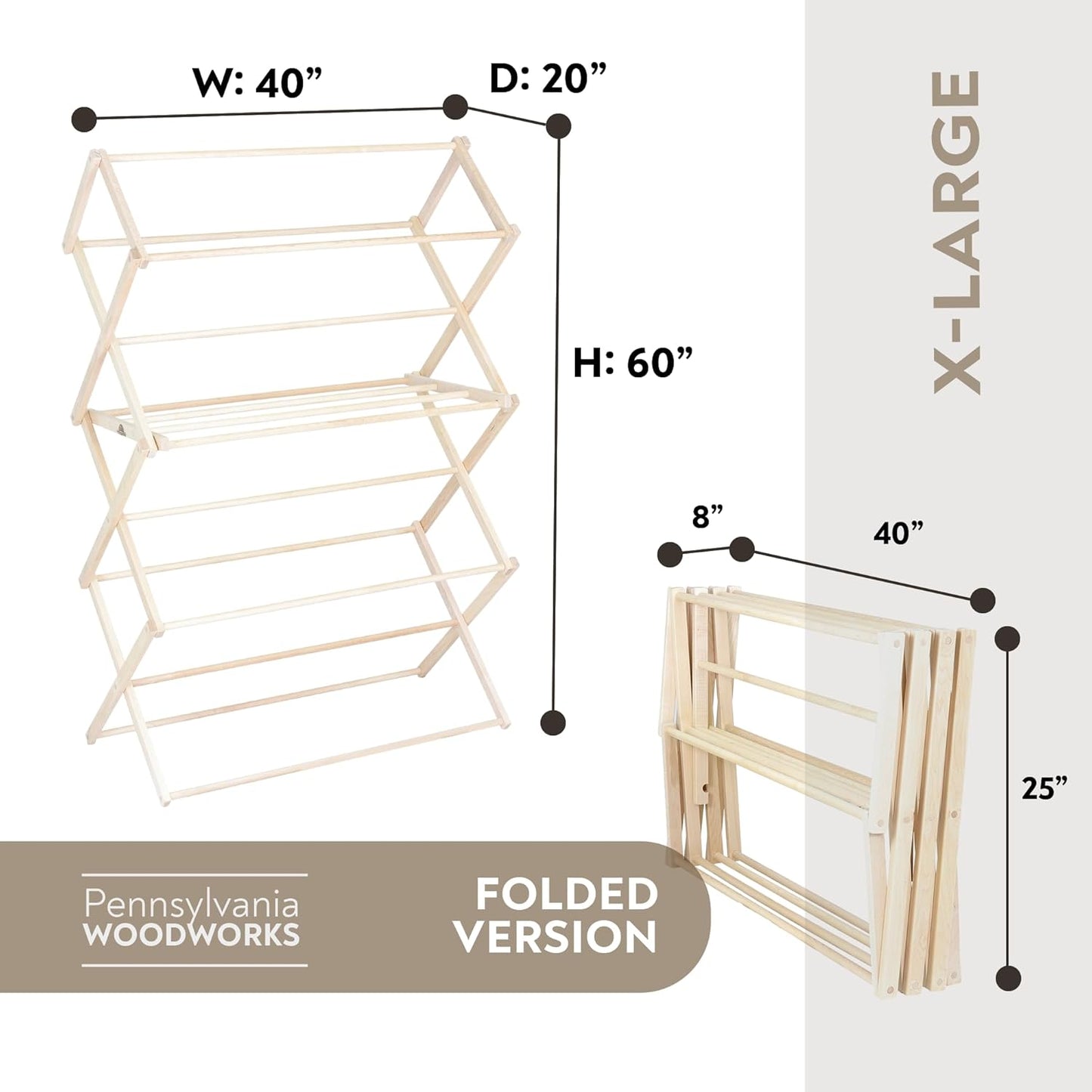 Pennsylvania Woodworks Clothes Drying Rack: Solid Maple Hardwood Laundry Rack for Bedding, Blankets, Towels & More, Heavy Duty, Folding Drying Rack Made in USA, No Assembly Needed, Extra Large - NestledHome