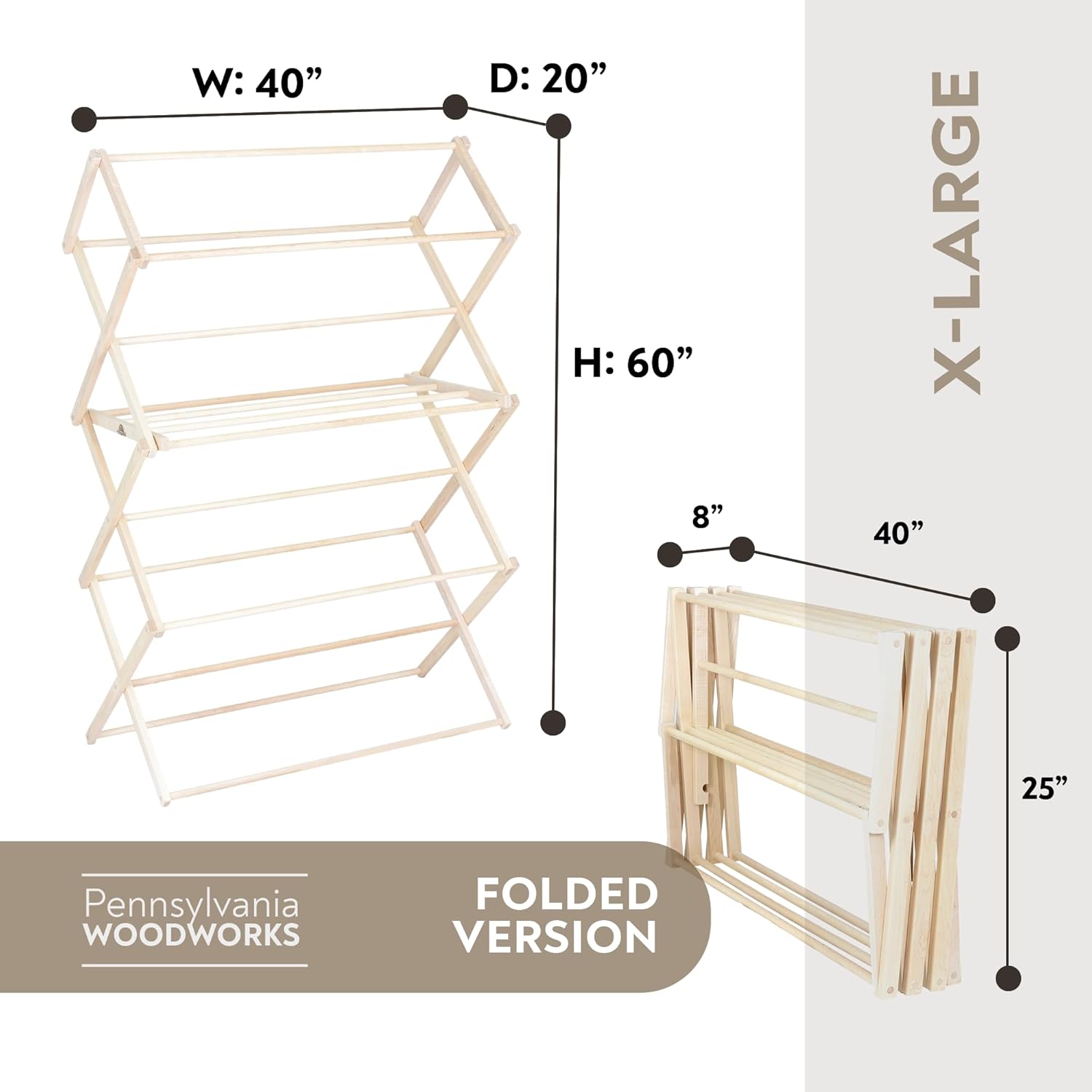 Pennsylvania Woodworks Clothes Drying Rack: Solid Maple Hardwood Laundry Rack for Bedding, Blankets, Towels & More, Heavy Duty, Folding Drying Rack Made in USA, No Assembly Needed, Extra Large - NestledHome