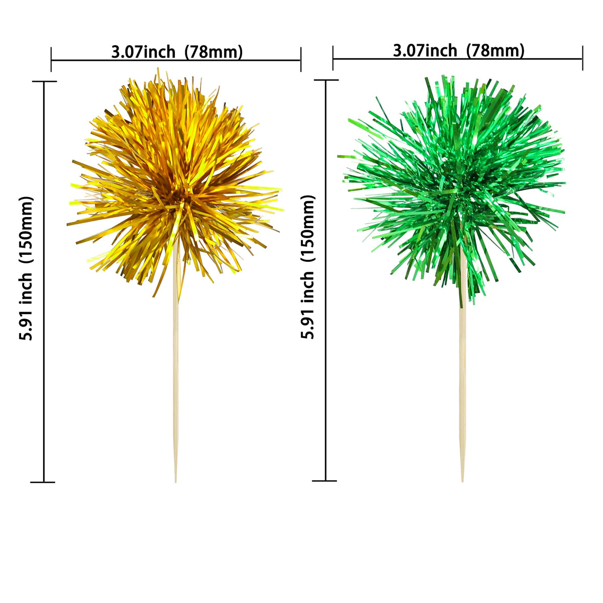 30Pcs Foil Firework Cupcake Toppers Sparkle Tinsel Cupcake Picks Birthday Cake Decorations Drink Stirrers Cocktail Food Fruit Toothpicks for Baby Shower Graduation Party Supplies Green Gold (30 Count)