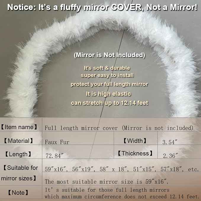 Fluffy Mirror Cover - 59"x16" Full Length Stretch Universal Ultra Soft Non-Slip Cover Warm Home Decor for Bedroom Cloakroom (White-Without Mirror, Suitable for 59"×16")
