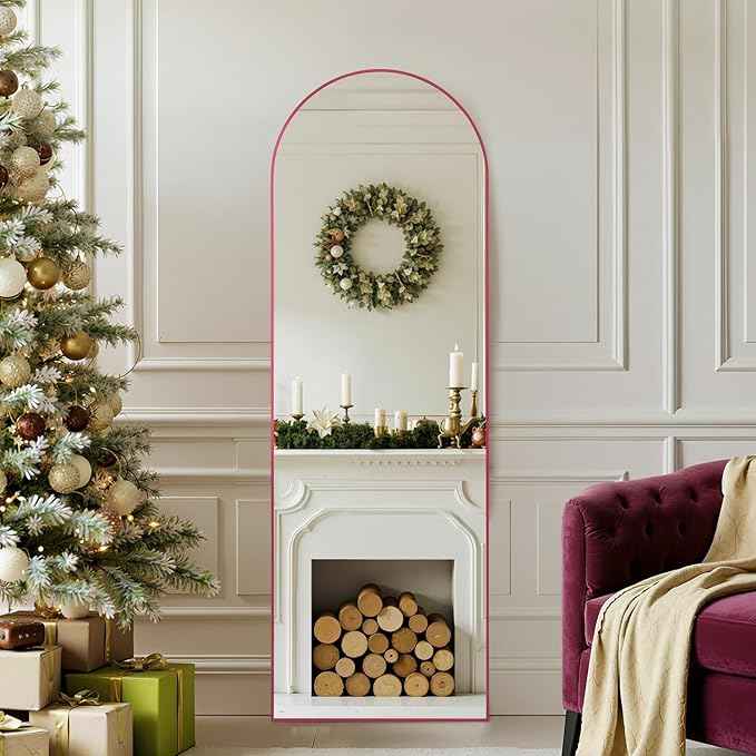 Anpark 19"x57"Arched Full Length Mirror, Full Body Mirror with Stand, Aluminum Frame for Bedroom & Hanging Leaning Modern Simple Home Decor Shatter-proorf Nano Glass Wall Living Room Cloakroom, Pink