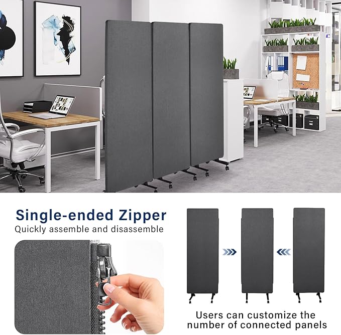 Office Dividers Partition Wall, 72" X 66" Soundproof Room Divider with Wheels, 3 Panel Soundproof Partitions for Office Wall, Portable Temporary Walls Acoustic Walls Divider, Dark Grey
