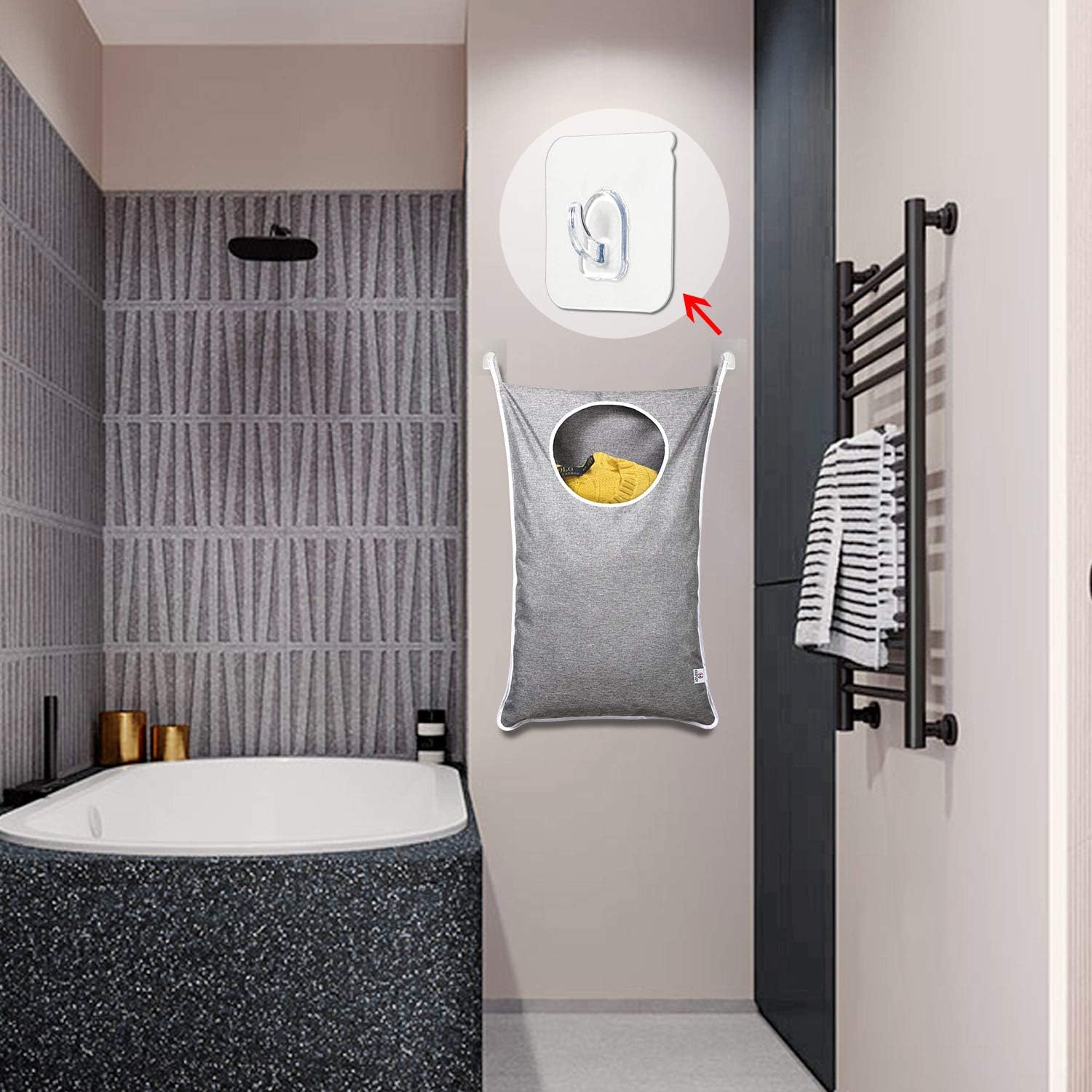 KEEPJOY Hanging Laundry Hamper Bag with Free Adjustable Stainless Steel Door 2 PCs Suction Cup Hooks, Best Choice for Holding Dirty Clothes and Saving Space, Grey - NestledHome