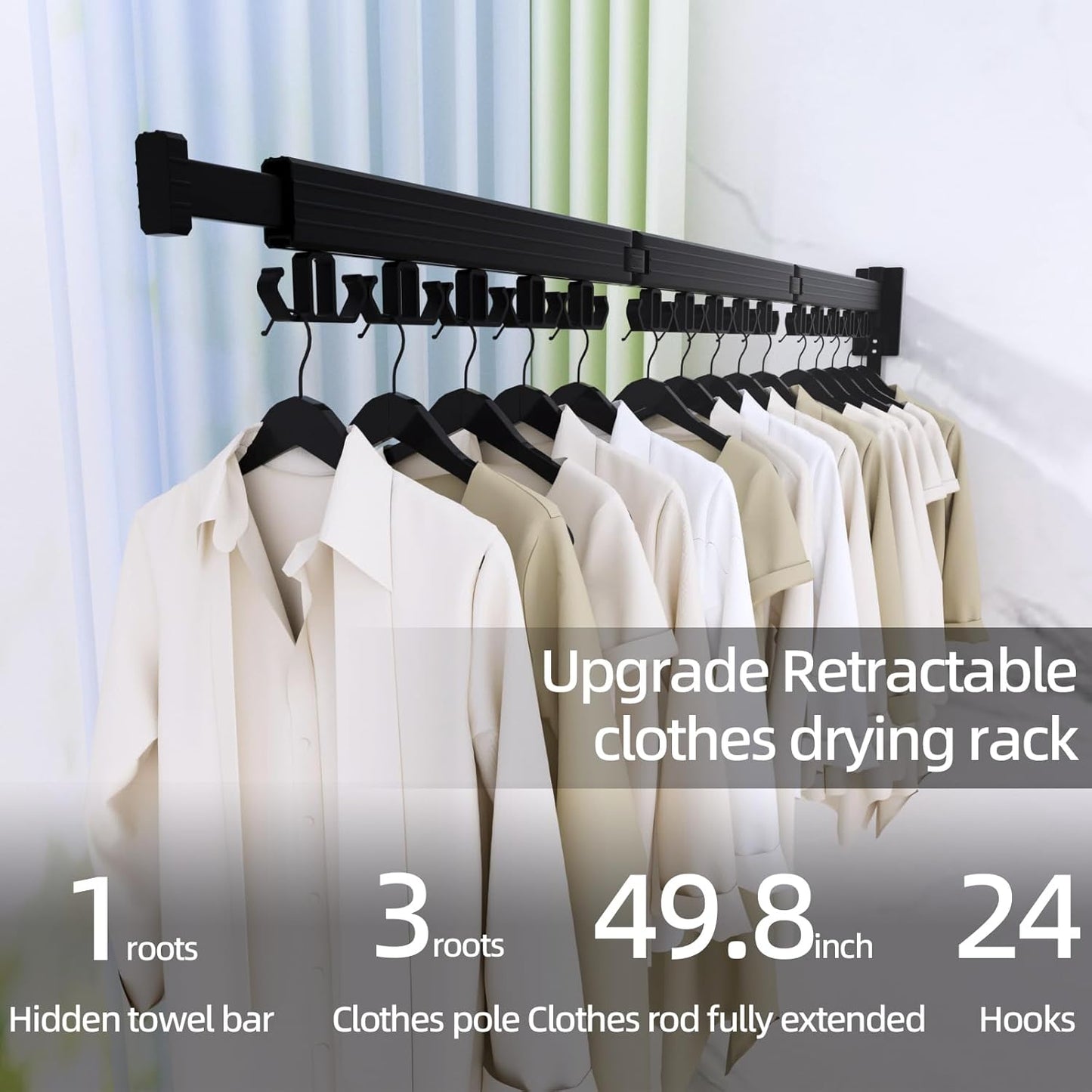 Clothes Drying Rack, Wall Mounted Laundry Drying Rack, Upgrade 3-Fold Foldable Collapsible Retractable Clothing Drying Rack with 12 Dual Hooks Organization for Laundry Room Indoor- Black - NestledHome