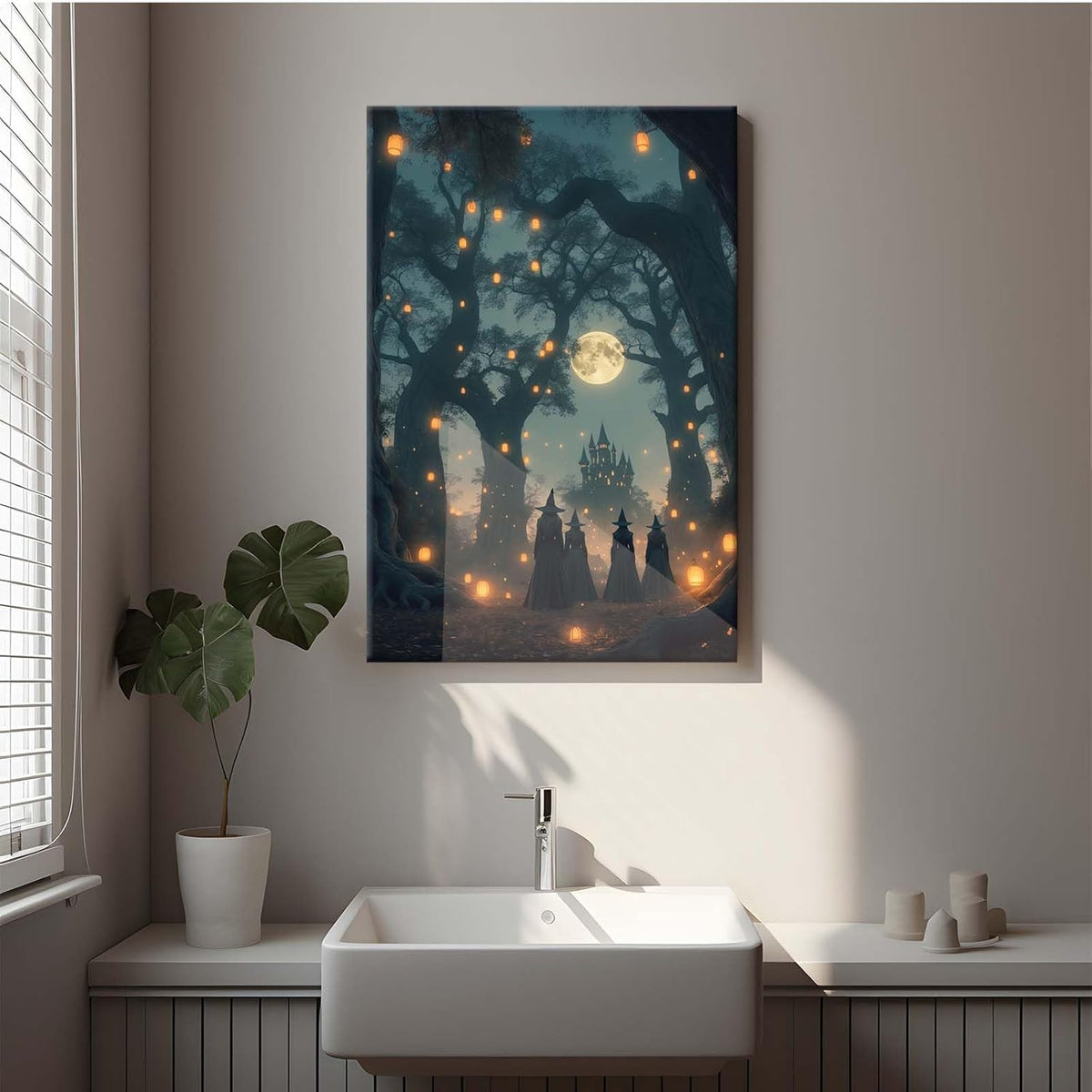 Mysterious creek painting witch and castle in magic forest art print canvas gothic print dark college decoration poster for home bedroom24x36in Wood Framed