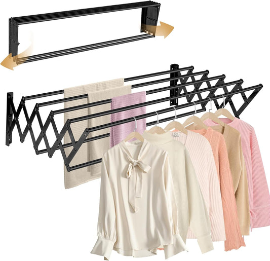 XL-31.5'' Wall Mounted Clothes Drying Rack, 130 lbs Large Capacity Rustproof Retractable Collapsible Drying Rack Easy Install with 7 Drying Rods, Space Saving Towel Clothes Rack for Laundry-Black - NestledHome