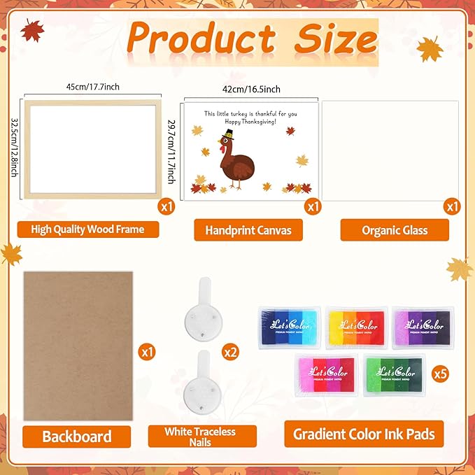 Thanksgiving Turkey Handprint Art Craft DIY Kit Happy Thanksgiving DIY Gifts Fall Thankful Little Turkey Family Handprint Art Keepsake with Wood Frame for Mom Dad Friend Holiday Activities 12x16 Inch