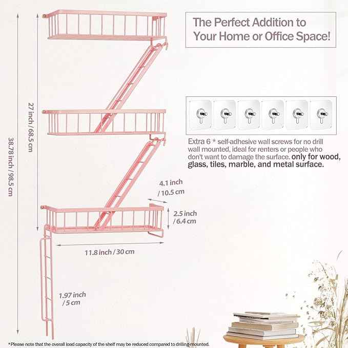 Fire Escape Shelf - Pink Wall Decor Floating Shelves, Cute Metal Ladder Shelving for Bedroom, Home Decor Display (3-Tier)