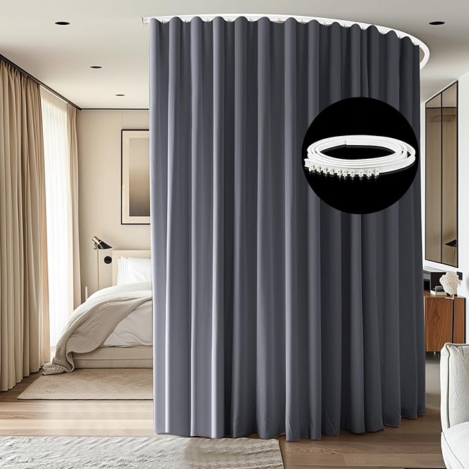 Room Divider Ceiling Mounted Curtains Track Sets Extra Wide Blackout Curtain Flexible Tracks for Bedroom Privacy Partition Separator, 1 Panel Grey Drape and White Rail, W12.5 x H9ft