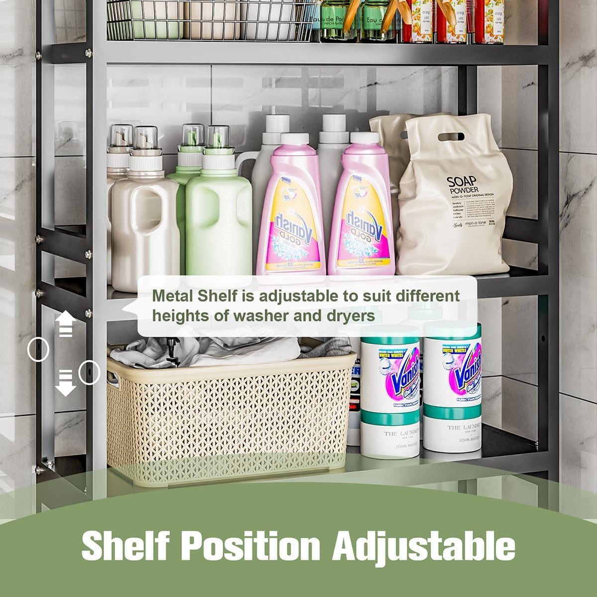 Dryer Storage Shel andf Over The Washer - Adjustable 4-Tier Heavy Duty Laundry Room Organizer, All Carbon Steel Standing Shelf with Hanging Rod, Anti-Tip Design, Super Stable 29.93" L x 11" D x 73" H - NestledHome