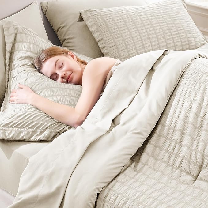 CozyLux Queen Comforter Set Oatmeal Seersucker 7 Pieces Bed in a Bag Queen Comforter Set with Sheets Luxury Soft Bedding Set with Down Alternative Comforter, Sheets, Pillowcases & Shams for All Season