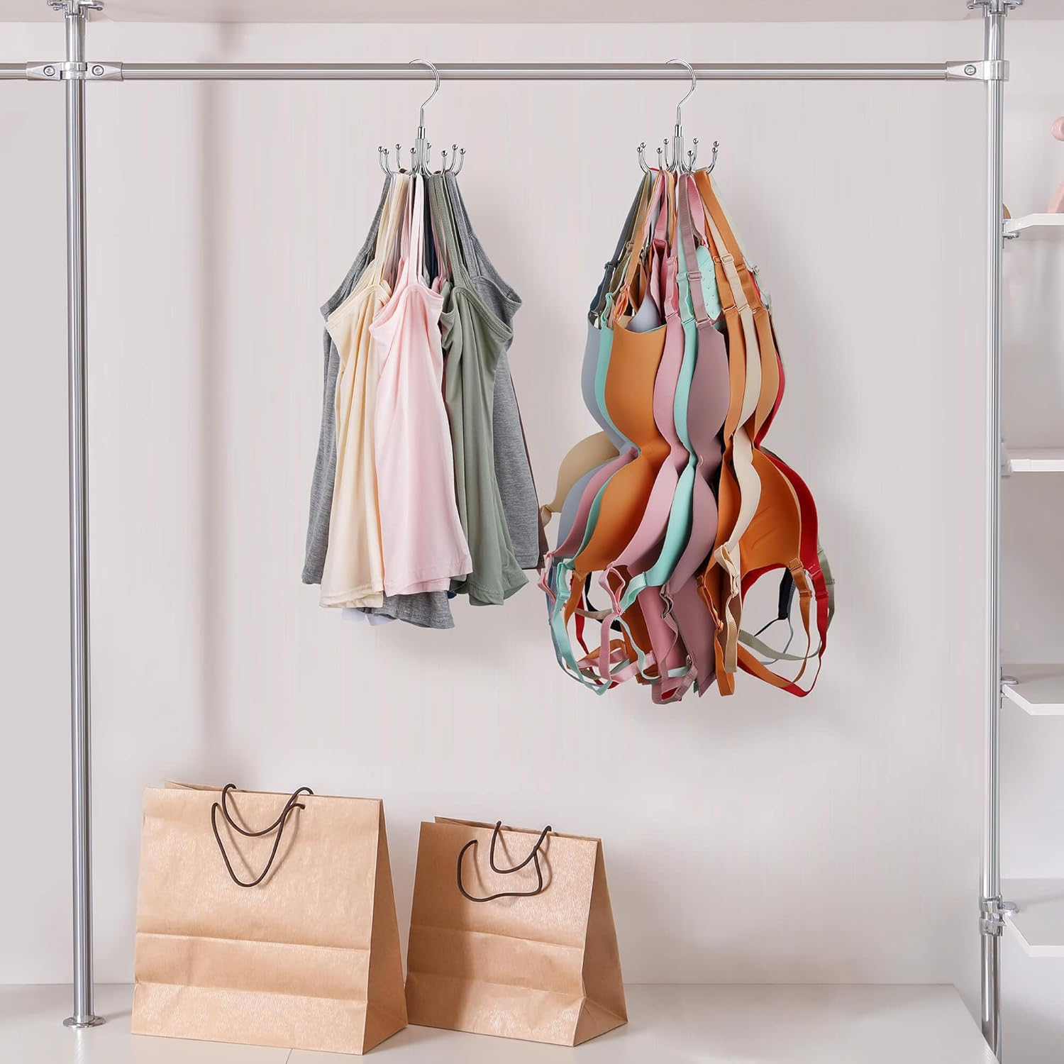 ZEDODIER Tank Top Hanger, Rotatable Bra Organzier for Closet, Max 24 Storage Capacity Sport Bra Holder, Metal Space Saving Closet Organizers and Storage, Silver - NestledHome