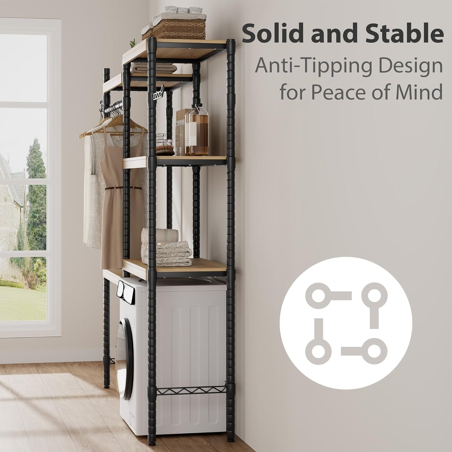 CABIHOME 5-Tier Over-The-Washer Shelf - Adjustable Height Laundry Organizer Space Saver, Double-Layer 100lb Shelves, 2 Hooks for Bathroom/Balcony (Natural& Black) - NestledHome