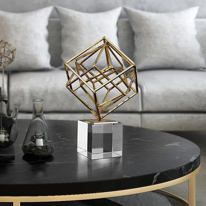 homary Modern Gold Geometric Sculpture with Crystal Base, 3D Metal Ornament Figurine, Abstract Luxury Decor Art for Living Room, Office, or Table Centerpiece