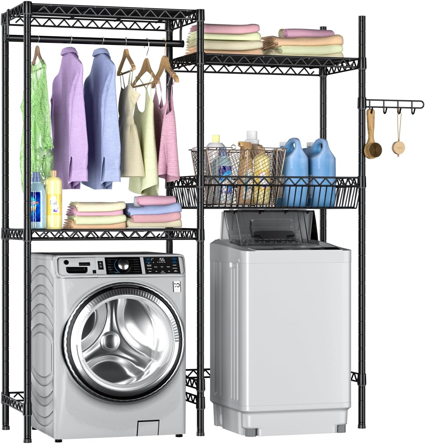 Over Washer and Dryer Shelves,Laundry Room Storage Organization Clothes Drying Rack,4 Tier Adjustable Height Wire Shelving with Wire Basket,Hanger Rod&Hook,Space Saving Shelf - NestledHome