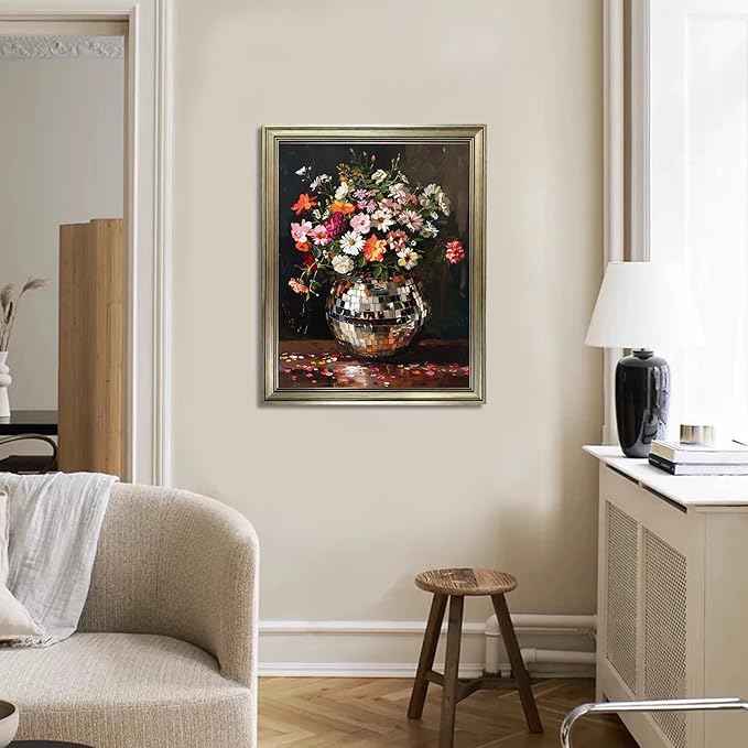 Vintage Framed Disco Ball Wall Art Retro Eclectic Wall Decor Colorful Moody Florals Painting Maximalist Wall Art Funky Flowers Bouquet Print Artwork
