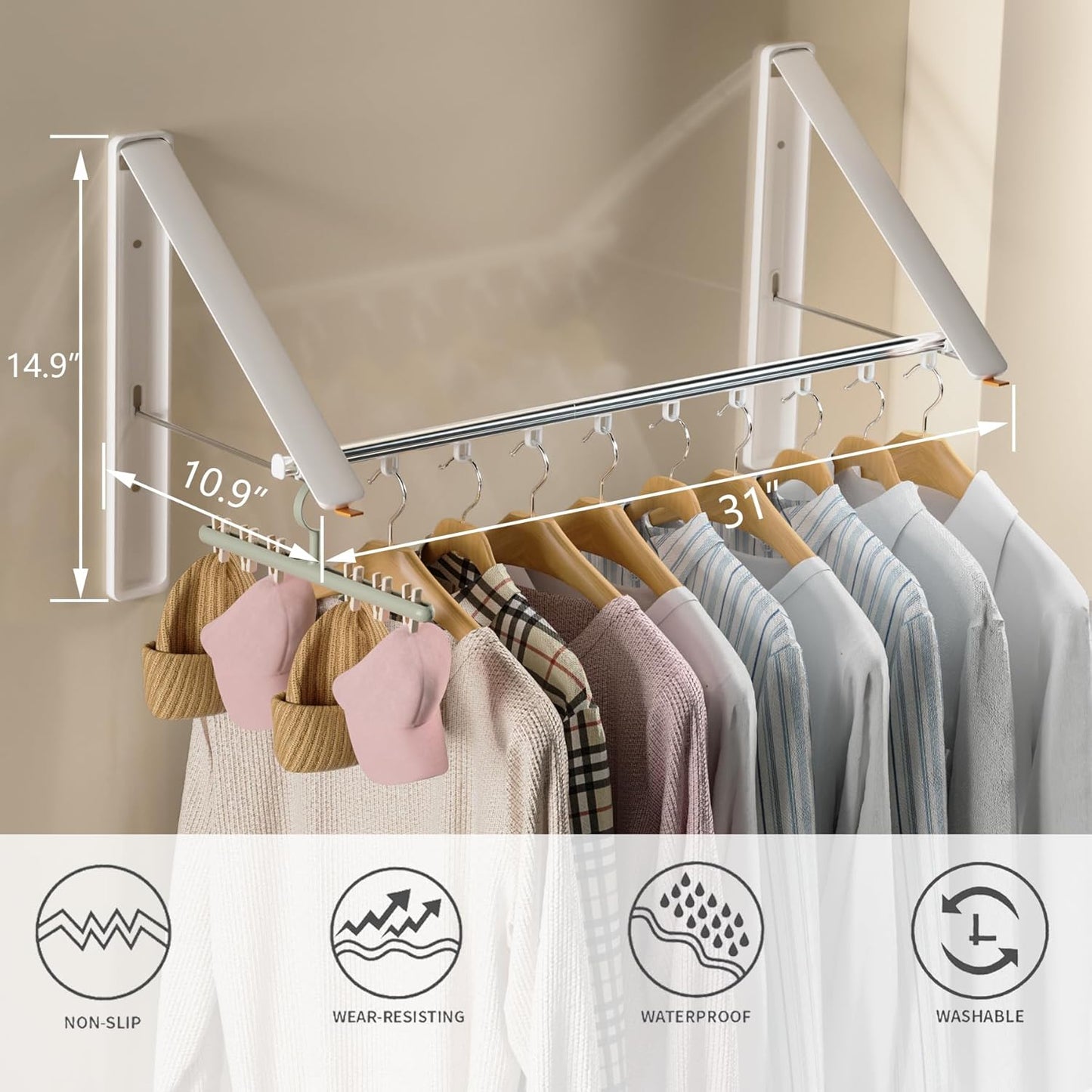 Dr.DJ Clothes Drying Rack with Rod, Wall-Mounted Retractable & Foldable Clothes Hanger for Laundry Room Organization and Storage, Metal Clothes Hanger Rack for Dorm, Closet, Balcony 2Rack,1Rod White - NestledHome