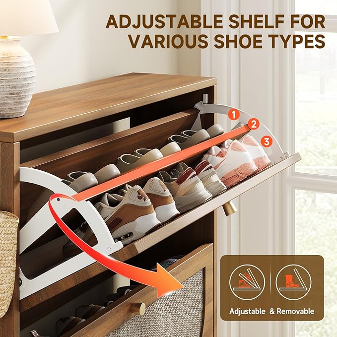 Nicetree Rattan Arched Accent Shoe Storage Cabinet - Freestanding Ultra Slim for Entryway, 2 Flip Drawers & 3-Tier Adjustable Shelves, Farmhouse Modern Rustic Shoe Rack for Hallway, Foyer, Living Room