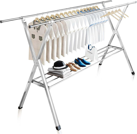 JAUREE Clothes Drying Rack 2 Tiers, Heavy Duty Drying Rack Clothing Folding Indoor Outdoor, Stainless Steel Laundry Drying Rack, Foldable Garment Rack with 20 Windproof Hooks (84 Inches) - NestledHome