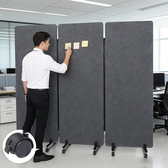 Office Dividers Partition Wall, 72" X 66" Soundproof Room Divider with Wheels, 3 Panel Soundproof Partitions for Office Wall, Portable Temporary Walls Acoustic Walls Divider, Dark Grey