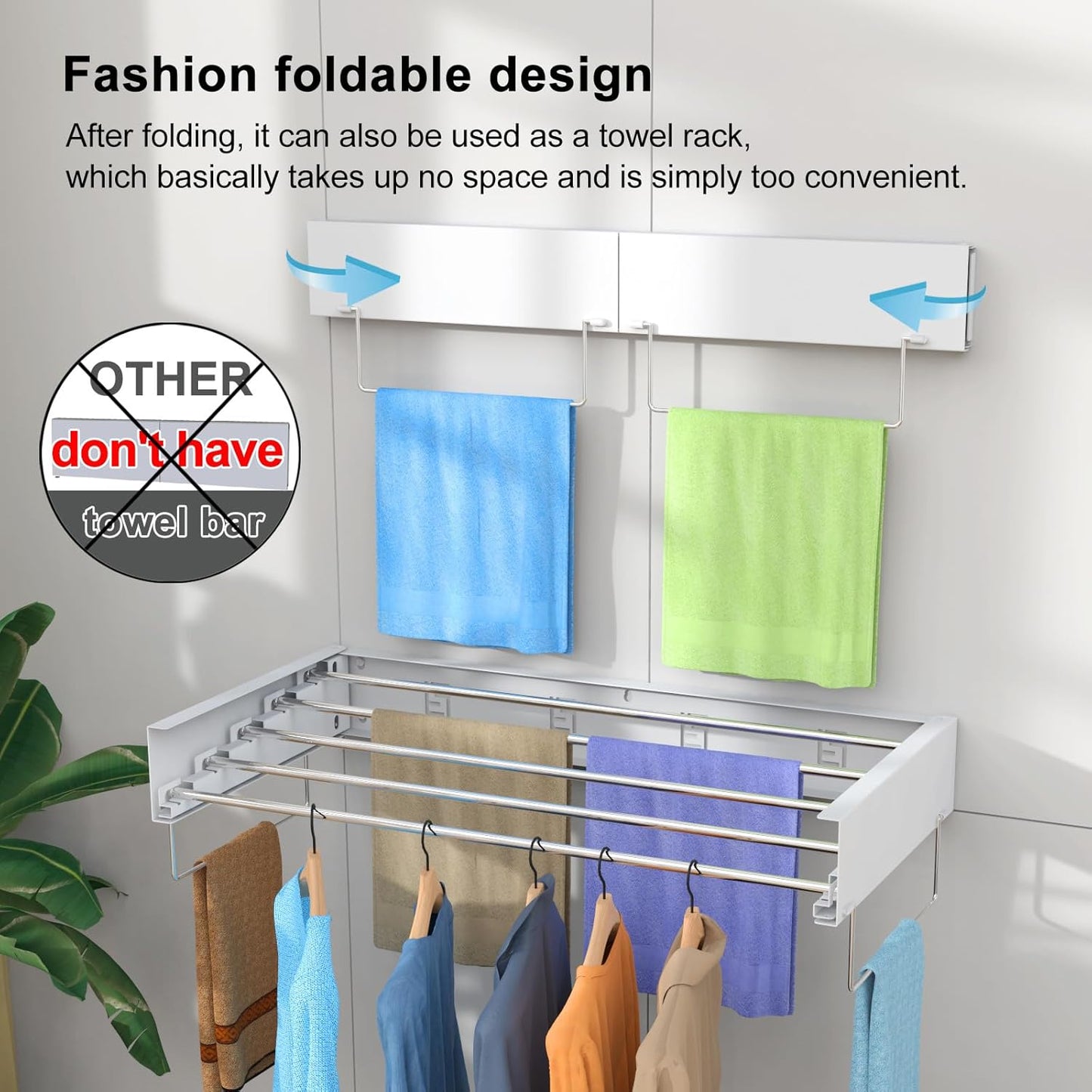 Wall Mounted Drying Rack, Foldable Laundry Rack, Collapsible Drying Rack, 5 Stainless Rods, Wall Mounted Clothing Rod with 2 Towel Bar, 90 lb Capacity, 31.5" White - NestledHome