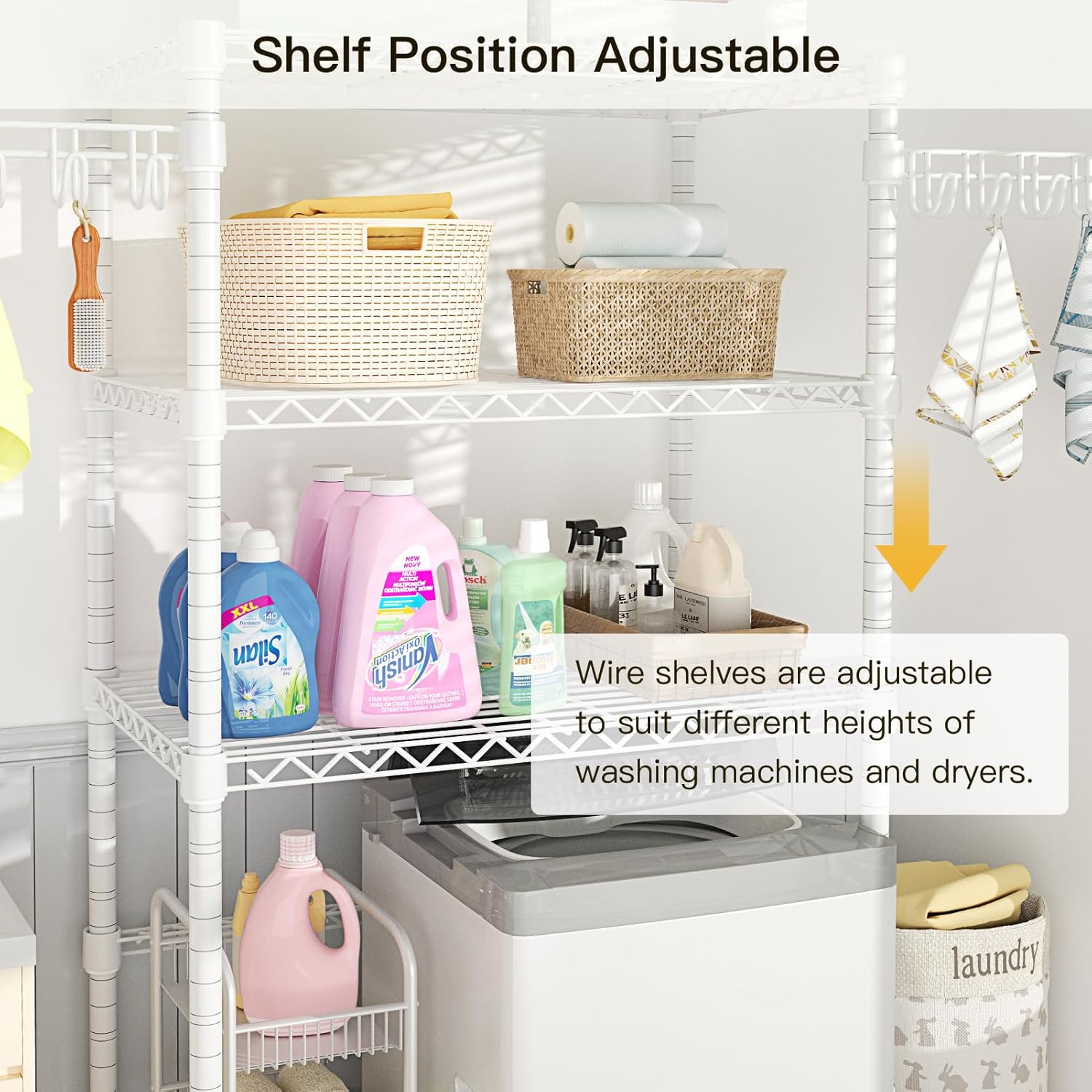 Ulif U8 Laundry Room Storage Organizer, Over The Washer and Dryer Storage Shelves for Laundry Organization, 35”W x 17.3”D x 76.2”H, Suit Washing Machine Width Within 32.6”, Hold 304 lb, White - NestledHome