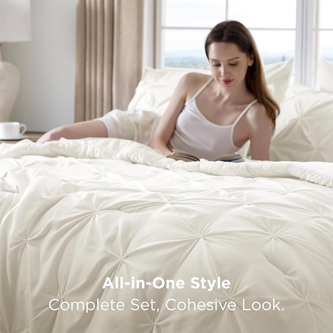 Bedsure Full Comforter Set Ivory - Bed in a Bag Full Size Bedding Set 7 Pieces, GentleSoft™ Pintuck Bed Set Gift for Family, Pinch Pleat All Season Comforter with Sheets, Pillowcases & Shams
