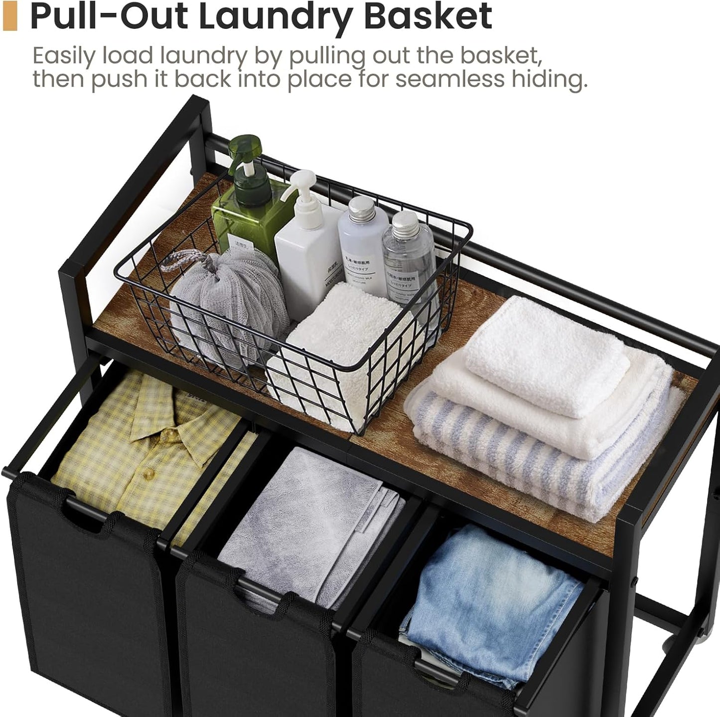Laundry Hamper, Laundry Basket, Laundry Sorter with 3 Removable Bags, Clothes Basket with 3 Compartments, Wheels, Shelf for Laundry Room Bathroom Bedroom (3 Bags-Black) - NestledHome