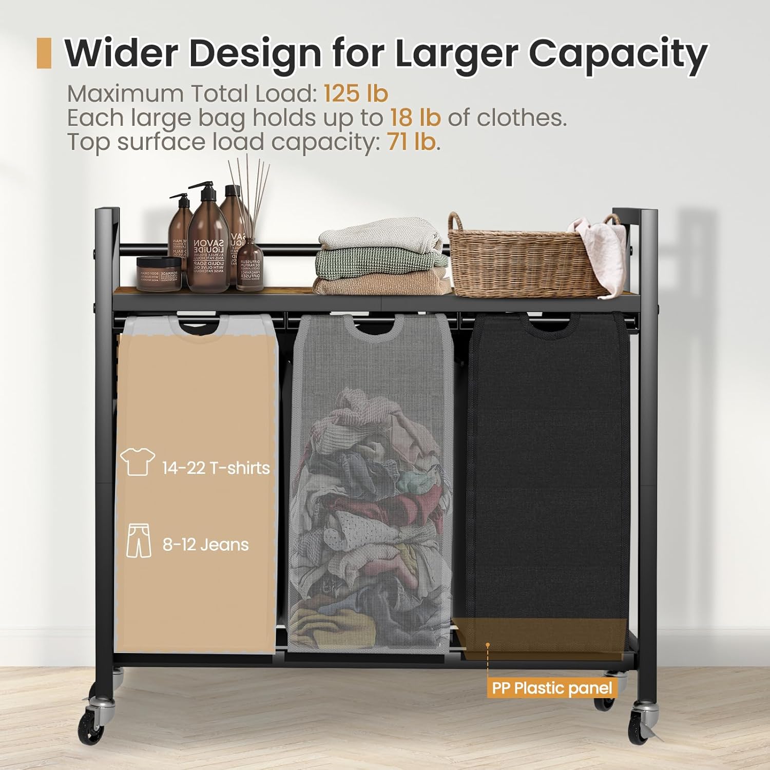 Laundry Hamper, Laundry Basket, Laundry Sorter with 3 Removable Bags, Clothes Basket with 3 Compartments, Wheels, Shelf for Laundry Room Bathroom Bedroom (3 Bags-Black Grey White) - NestledHome