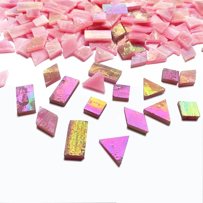 Magic Iridescent Pink Stained Glass Mosaic Tiles for Crafts, 280 Pieces Mixed 4 Shapes Stained Glass Sheets Pieces for Mosaics