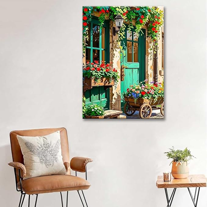 Paint by Numbers Kit for Adults Framed, European Cottage Door with Blooming Roses, DIY Oil Painting, Pre-Printed Canvas Wall Art Home Decor Gift, 20x24inch Framed, 24 Colors