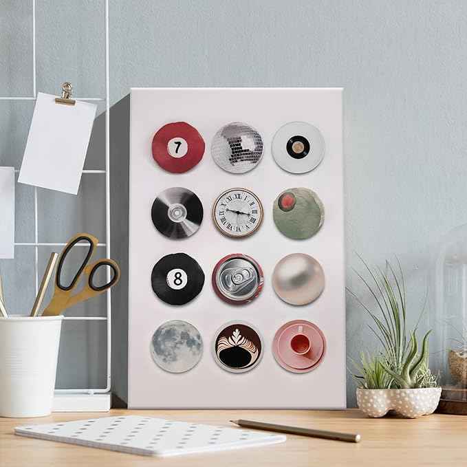 Colorful Vintage Disco Ball Canvas Wall Art, Retro 8 Lucky 7 Ball Poster, Trendy Music Record Painting, Funky Aesthetic Moon Coffee Cup Prints for Apartment Dorm Decor 12X16In Framed