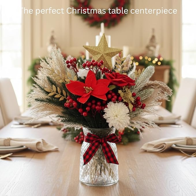 RyddeligHome Christmas Centerpieces for Tables in July, Holiday Table Decor, 100pcs Christmas Floral Arrangements in Vase, Pottery Xmas Decorations, Artificial Poinsettia Red Berry Pine Branches