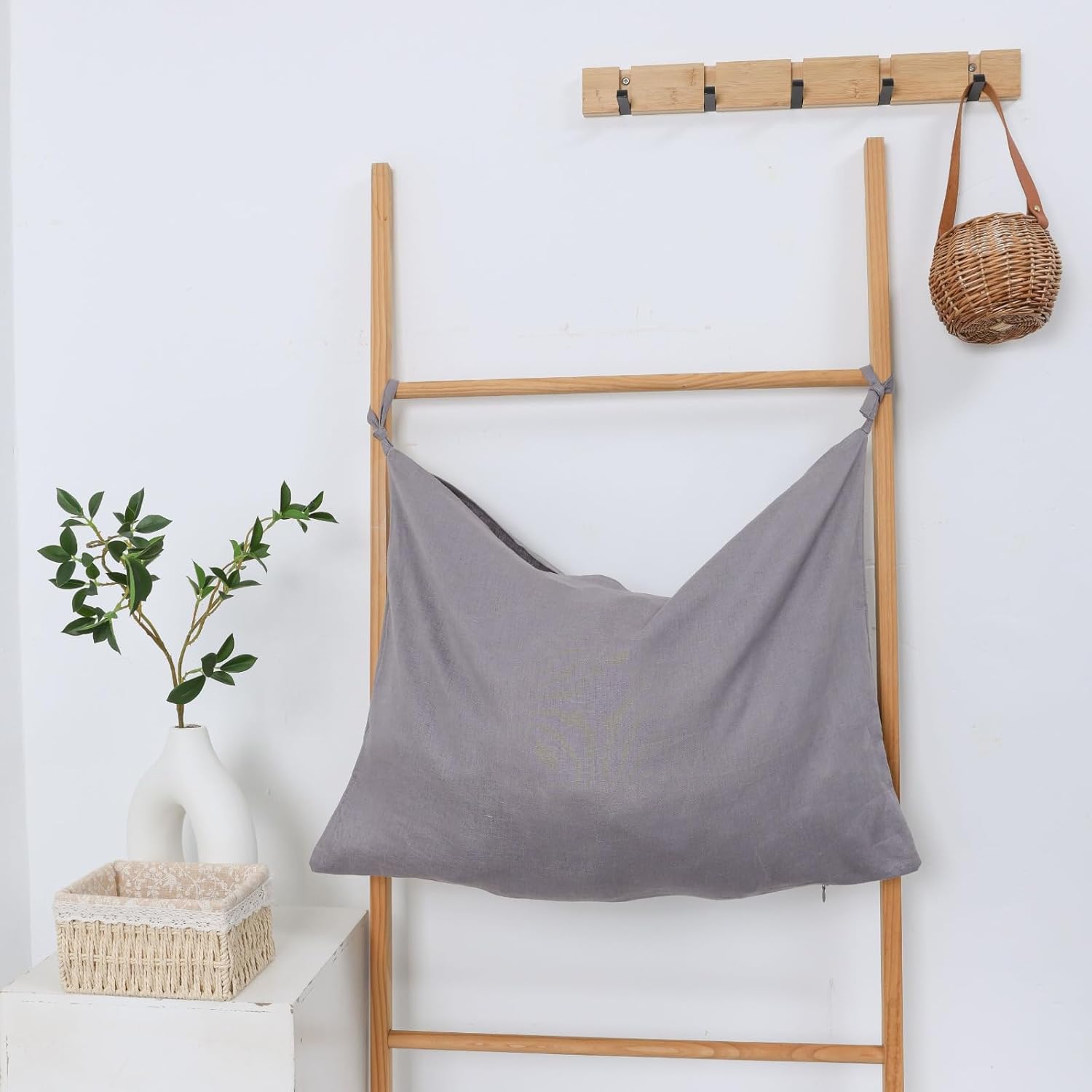 Hanging Linen Laundry Bag, 100% Pure Flax Linen Over The Door Hamper with Bottom Zipper for Laundry Room, Household Dirty Cloth Storage Organizer Bag, Gray - NestledHome