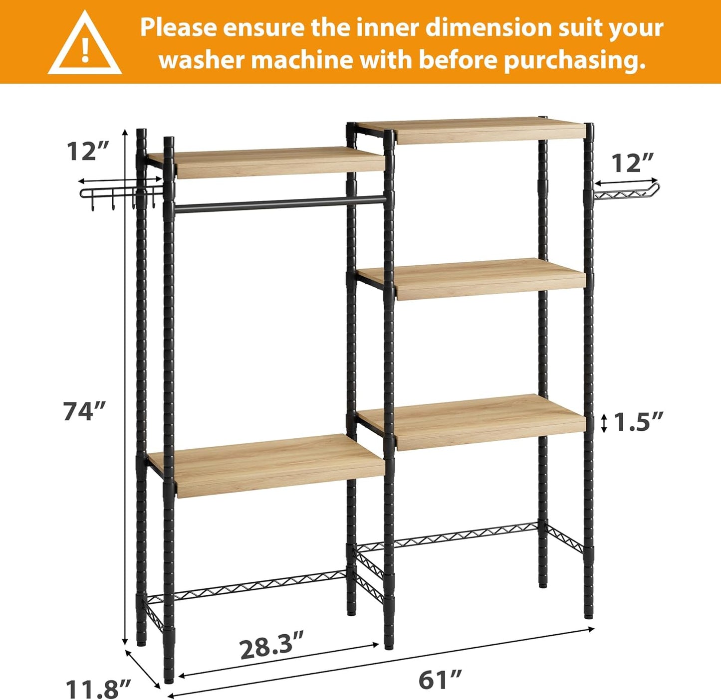 5-Tier Over-The-Washer Shelf - Adjustable 28" Laundry Organizer with 100lb Double Wood Shelves, Space-Saving Storage Unit for Small Homes (Natural & Black) - NestledHome