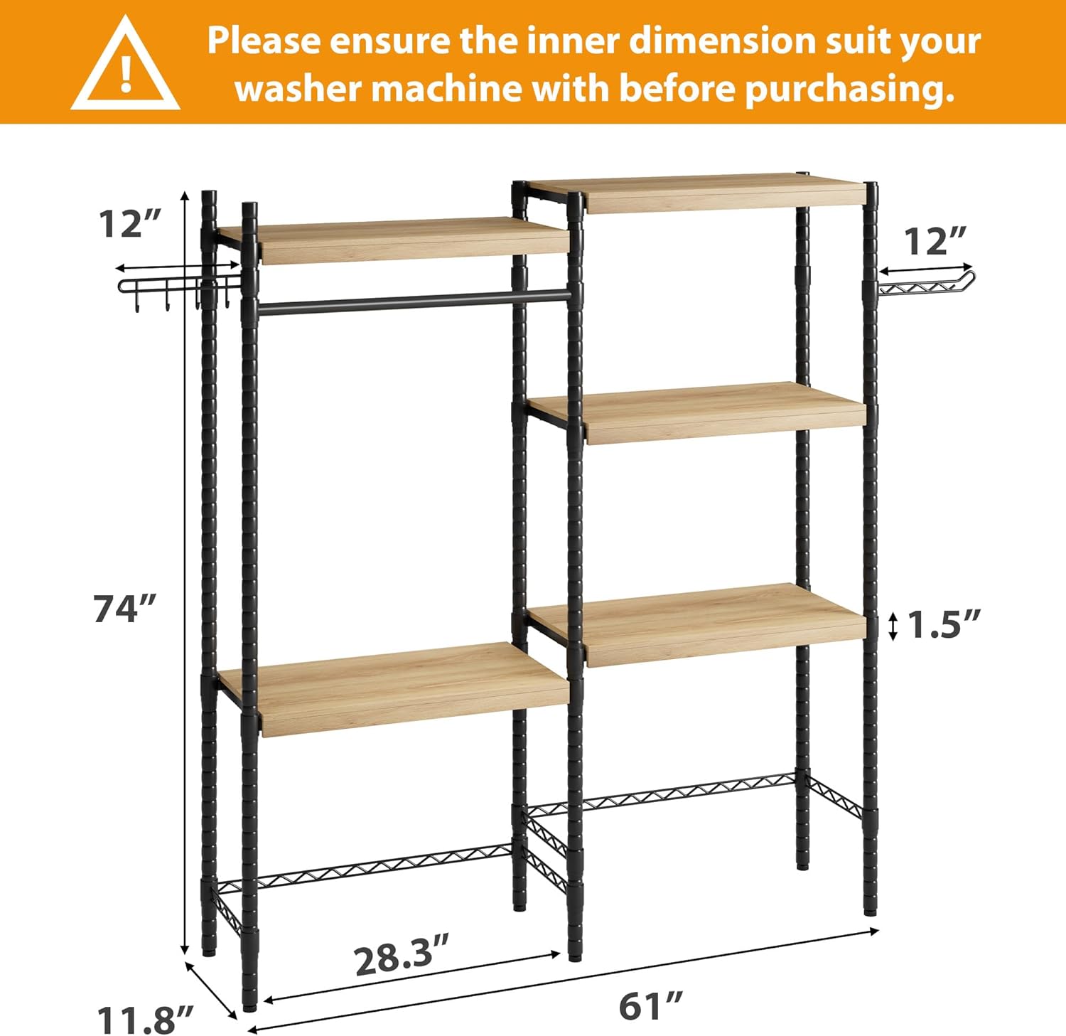 5-Tier Over-The-Washer Shelf - Adjustable 28" Laundry Organizer with 100lb Double Wood Shelves, Space-Saving Storage Unit for Small Homes (Natural & Black) - NestledHome