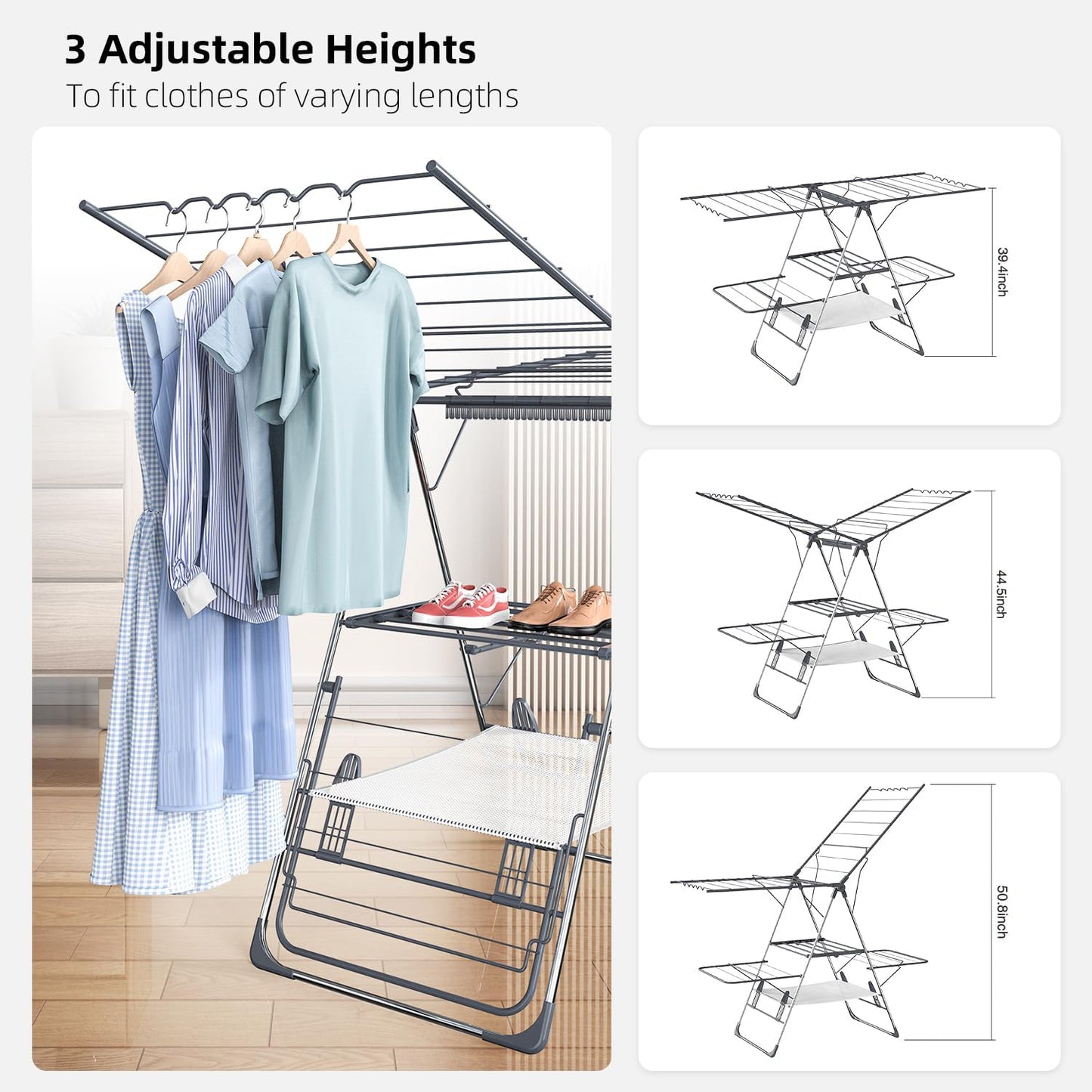 Clothes Drying Rack, Foldable 2-Level Laundry Racks for Drying Clothes Rack,Stainless Steel Drying Rack Clothing Collapsible for Indoor Outdoor,with Height-Adjustable Wings,33 Drying Rails,Gray - NestledHome