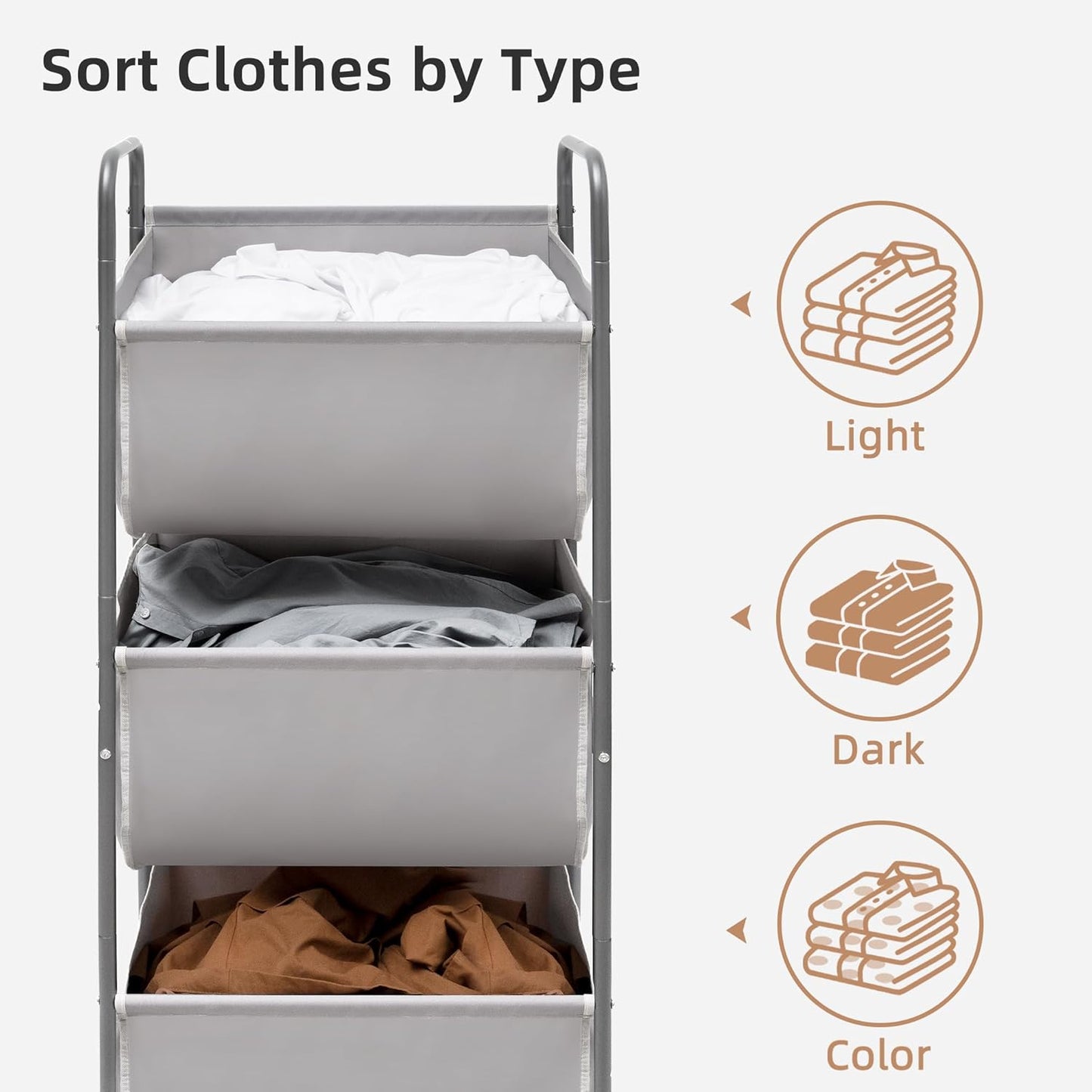 STORAGE MANIAC 120 Liters Vertical Rolling Laundry Hamper, 3 Section Laundry Sorter with Wheels and 2 Breaks, 3-tier Laundry Baskets for Small Space, Dorm, Laundry Room, Closet, Bathroom, Gray 3-tier - NestledHome
