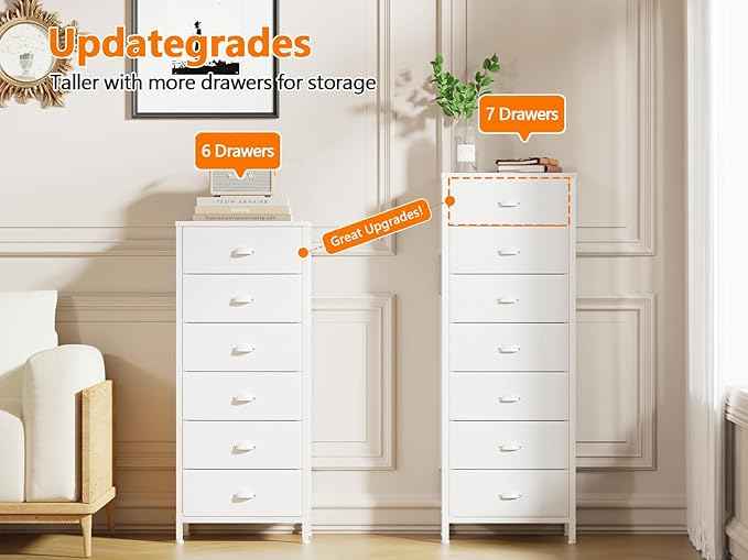 Furnulem White Tall Dresser for Bedroom with 7 Drawers, Vertical Chest of Drawer in Closet, Nightstand Storage Tower Unit Organizer with Fabric Bins for Dorm,Living Room,Entryway,Hallyway