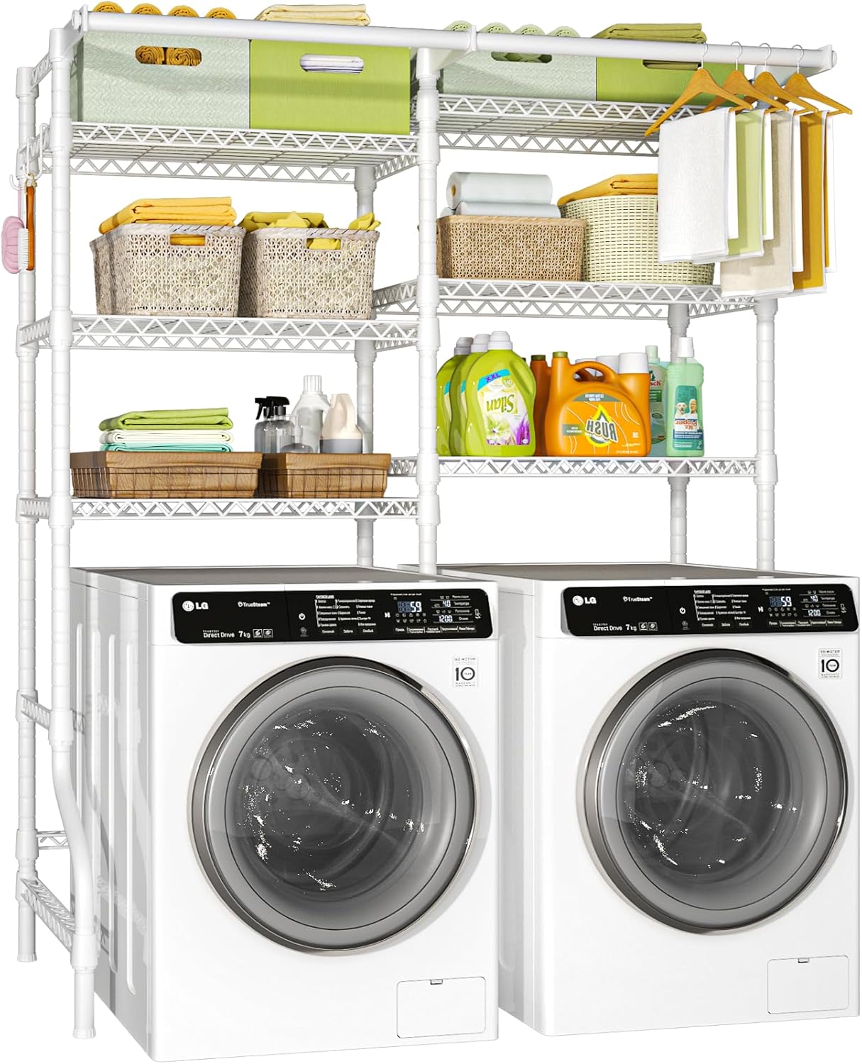 Ulif U13 Over Washer and Dryer Storage Shelves, 6 Tiers Laundry Room Standing Shelf with 2 Hanger Rods, Space Saver Clothes Drying Rack, 63.4" W x 22" D x 77.4" H, White - NestledHome