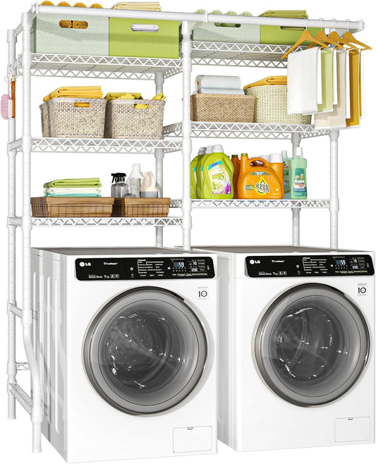 Ulif U13 Over Washer and Dryer Storage Shelves, 6 Tiers Laundry Room Standing Shelf with 2 Hanger Rods, Space Saver Clothes Drying Rack, 63.4" W x 22" D x 77.4" H, White - NestledHome
